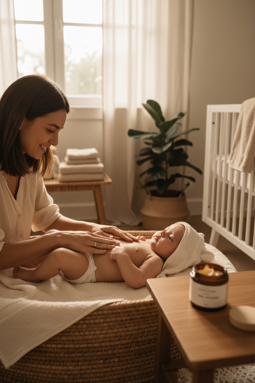 Massage de bébé au sortir du bain avec notre beurre de karité